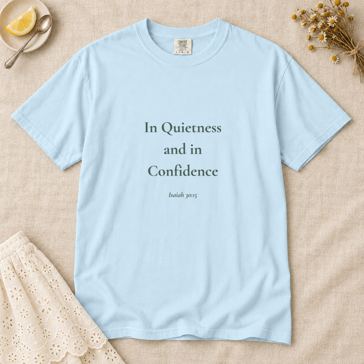 In Quietness and in Confidence Scripture tee in Chambray — flat lay