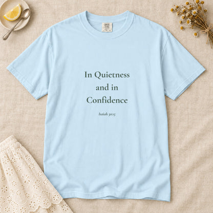 In Quietness and in Confidence Scripture tee in Chambray — flat lay