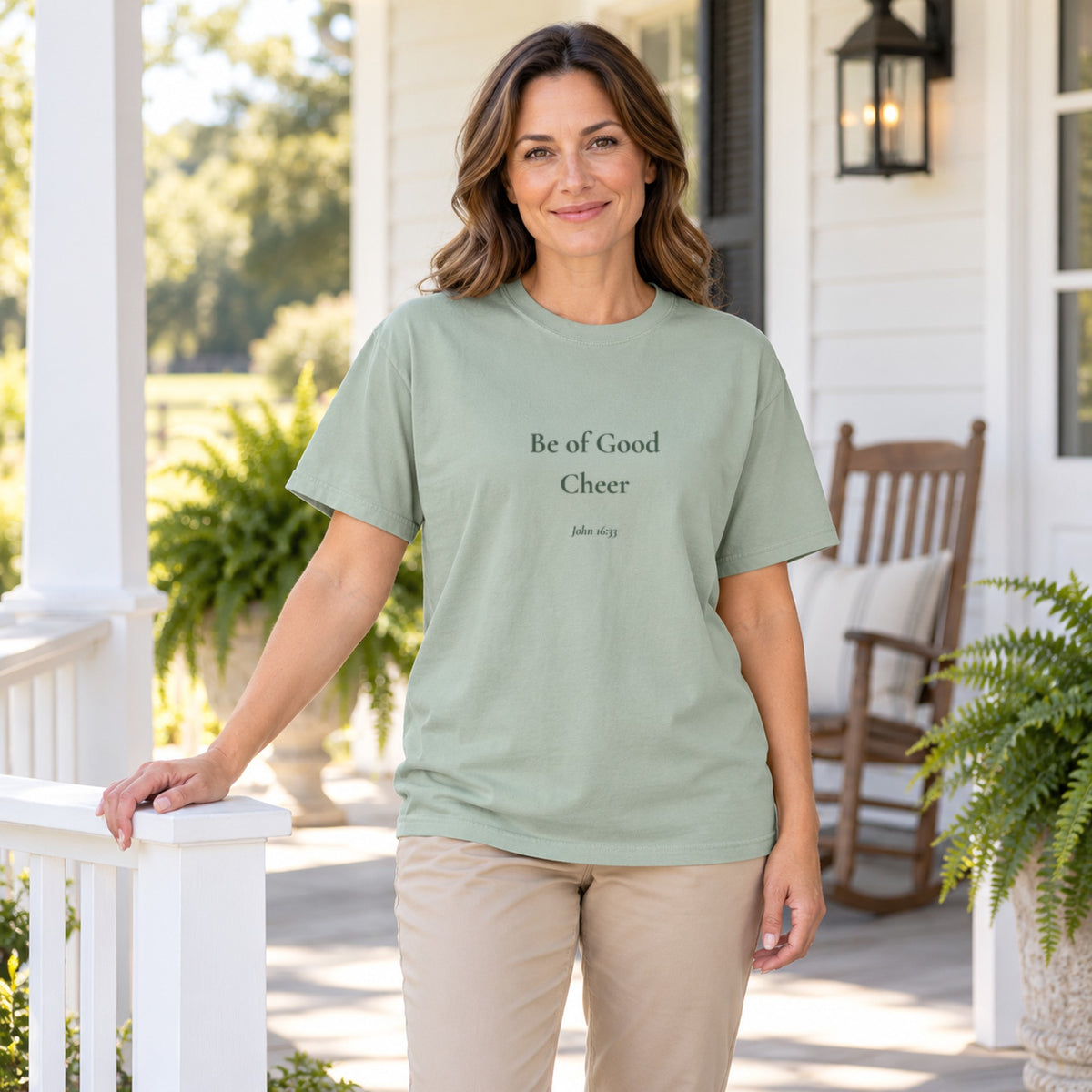 Be of Good Cheer Scripture tee in Bay — worn