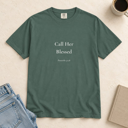 Call Her Blessed Scripture tee in Blue Spruce — flat lay