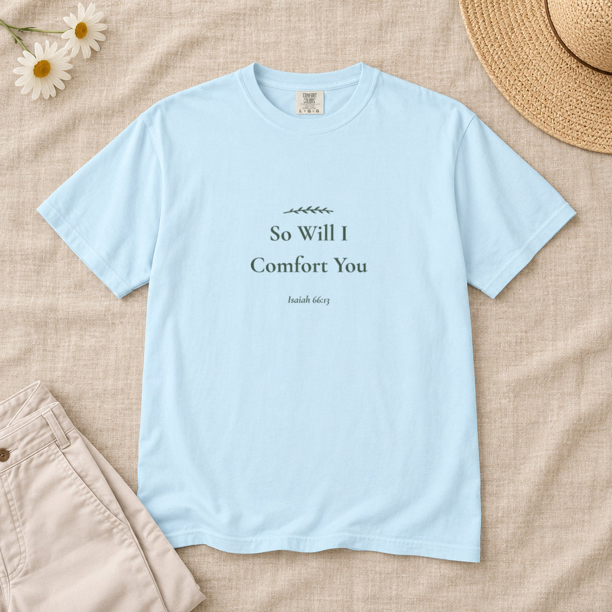 So Will I Comfort You Scripture tee in Chambray — styled flat lay