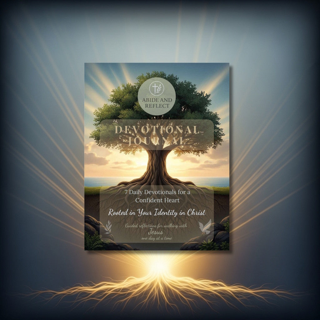 Book titled 'Rooted in Your Identity in Christ Devotional Journey' with a tree design on the cover, set against a blue background with light effects.