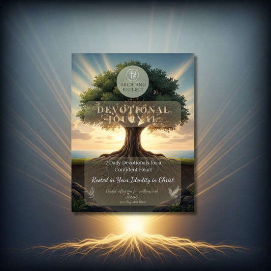 Book titled 'Rooted in Your Identity in Christ Devotional Journey' with a tree design on the cover, set against a blue background with light effects.